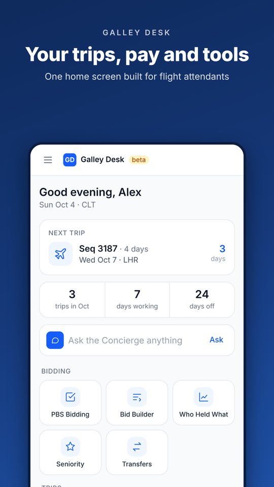Galley Desk app home screen