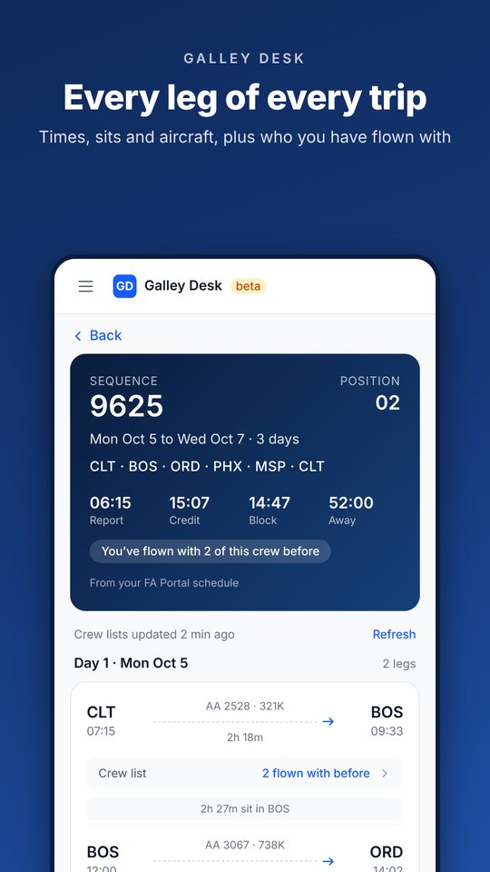Trip details with layover hotel and crew